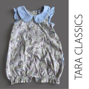 Tara Classics | Boutique Blue and White Cottontail Bunny Romper | Size 12 Months